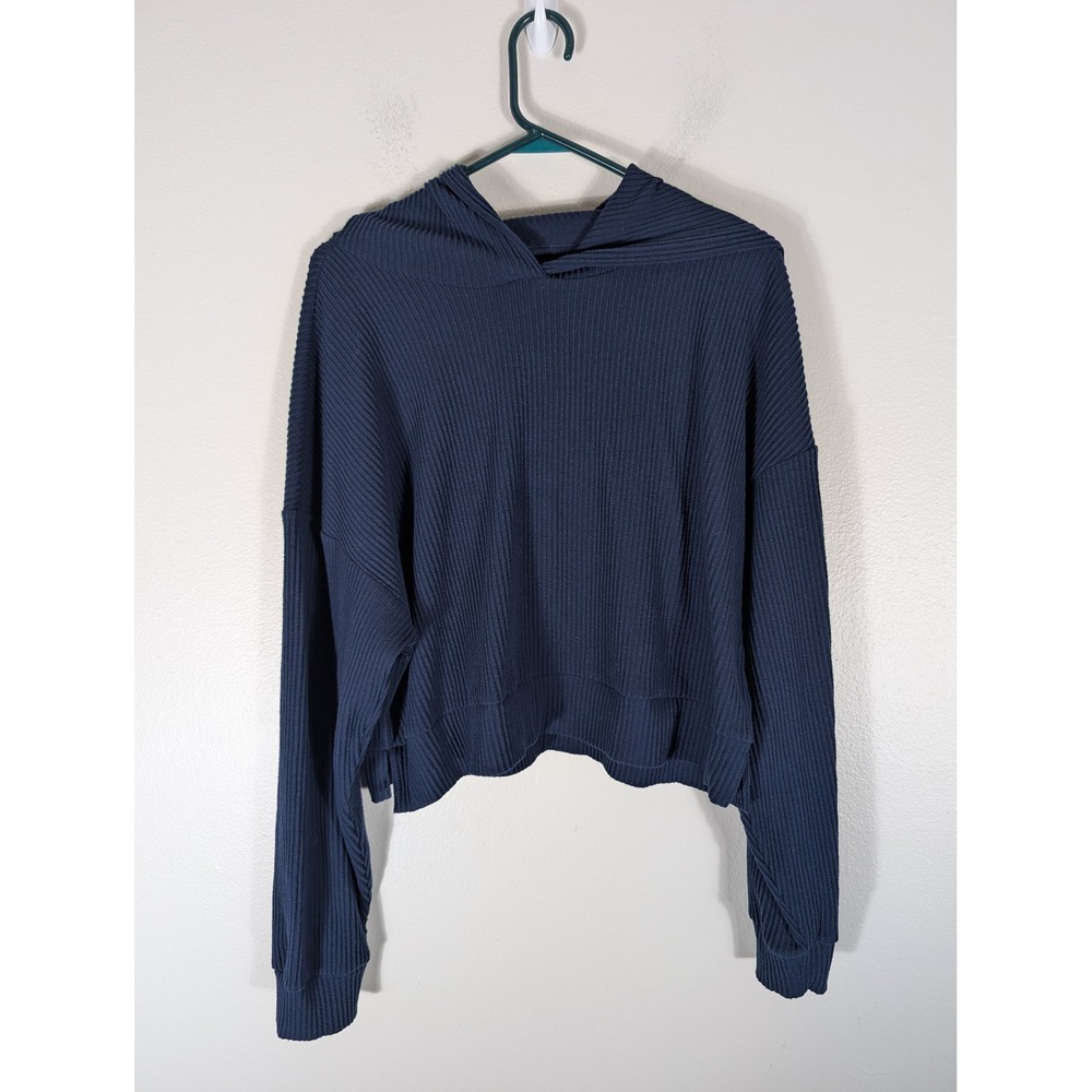 Alo Yoga Women's L Muse Ribbed Knit Lounge Set Navy Blue Cropped Hoodie Joggers